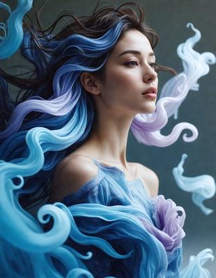 The primary subject of the image is a woman with long, flowing hair. She is wearing a blue dress and has a purple streak in her hair. The setting is a room with a gray background. The visual style is a combination of a photo and digital art, creating a unique and artistic representation of the woman. The colors and mood of the image are predominantly blue and purple, giving it a calm and serene atmosphere.